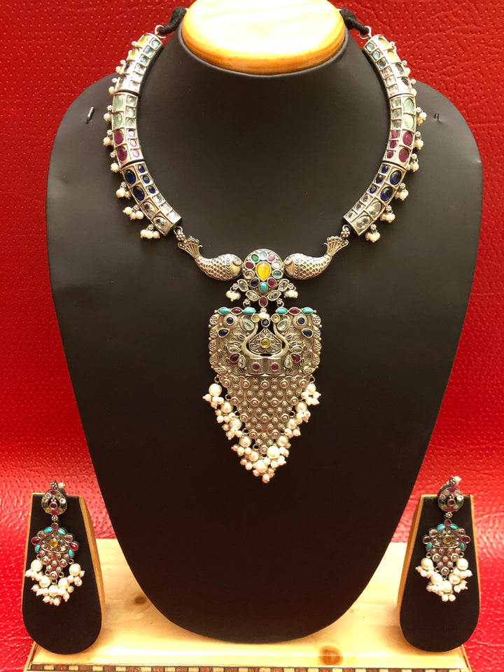 Designer Silver Long Pendant Collar Necklace Set with Monalisa Stone Work