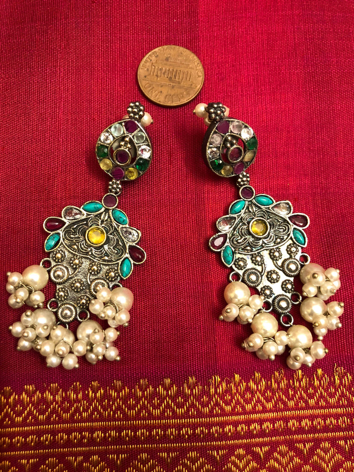 Designer Silver Long Pendant Collar Necklace Set with Monalisa Stone Work