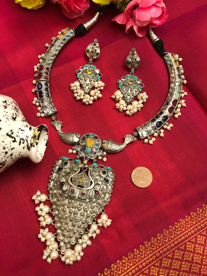 Designer Silver Long Pendant Collar Necklace Set with Monalisa Stone Work