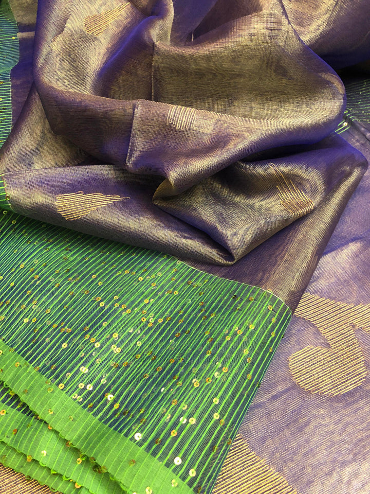 Dual Tone Blue and Golden Color Tissue Handloom Saree with Sequin Weaving