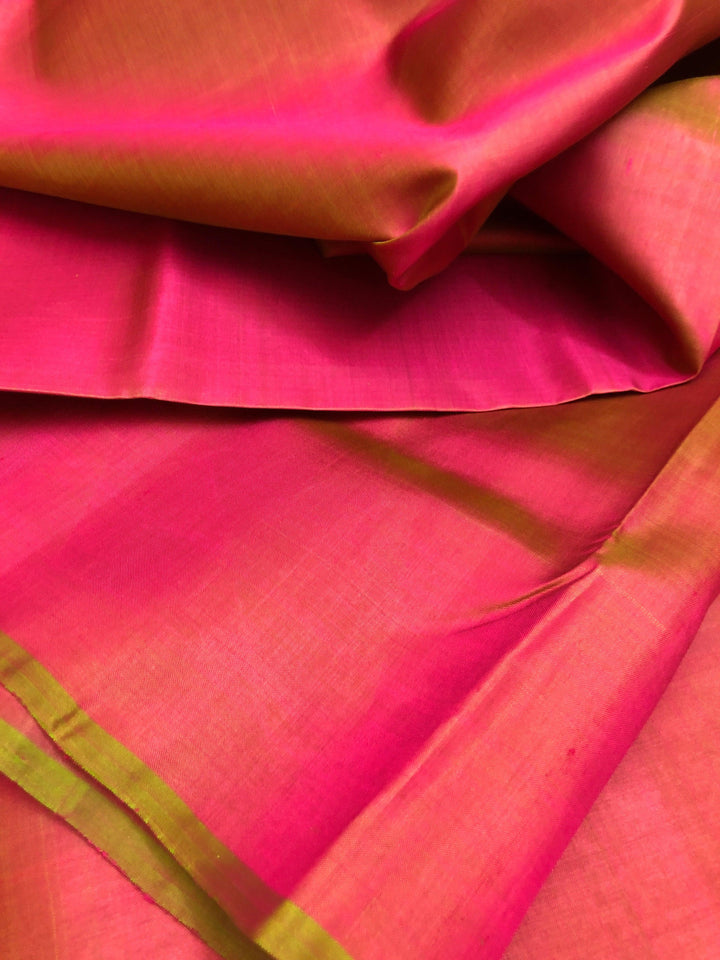Dual Tone Coral Pink and Green Color Bishnupur Silk Saree with Kalamkari Blouse Piece