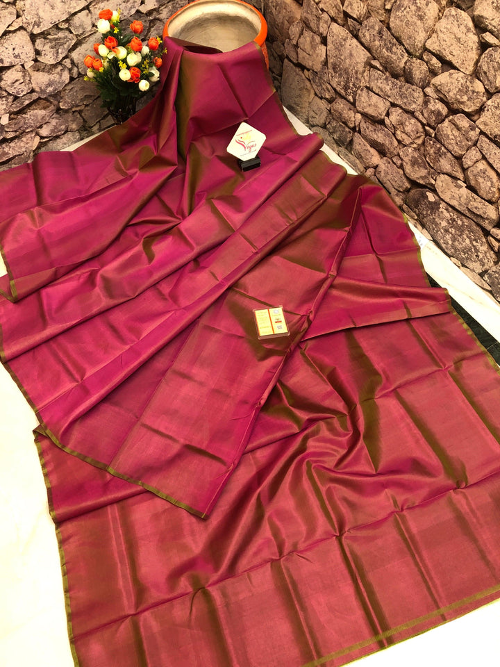 Dual Tone Coral Pink and Green Color Bishnupur Silk Saree with Kalamkari Blouse Piece