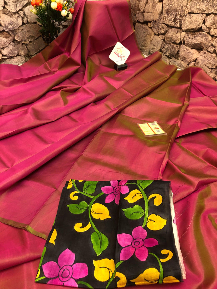 Dual Tone Coral Pink and Green Color Bishnupur Silk Saree with Kalamkari Blouse Piece