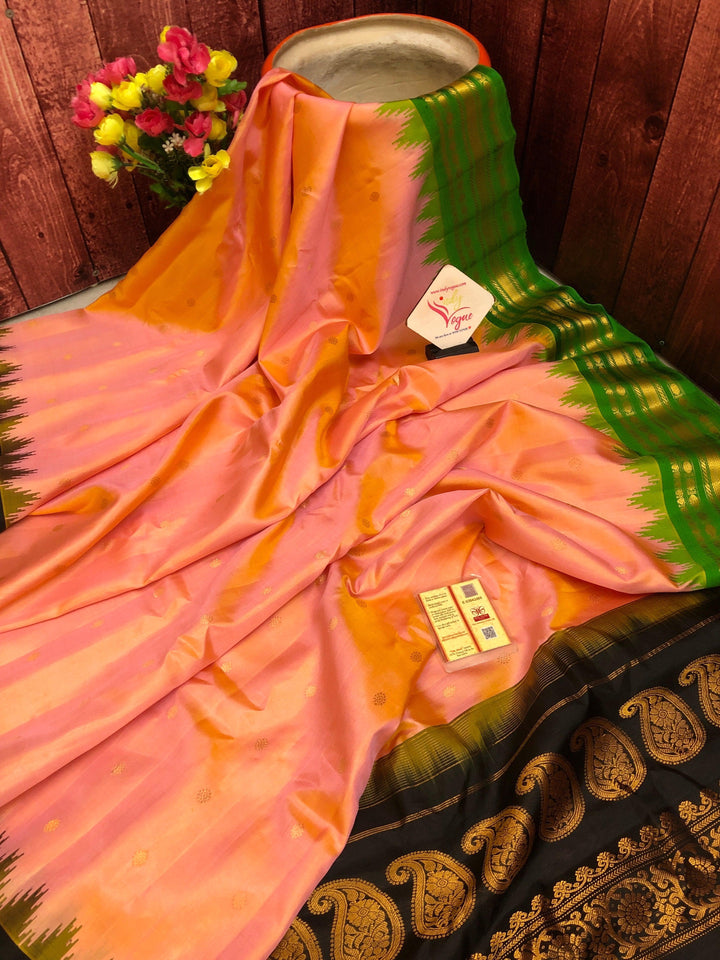 Dual Tone Coral Pink Color Gadwal Silk Saree with Ganga Jamuna Border