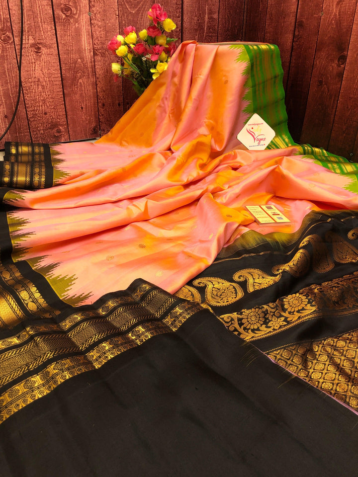 Dual Tone Coral Pink Color Gadwal Silk Saree with Ganga Jamuna Border