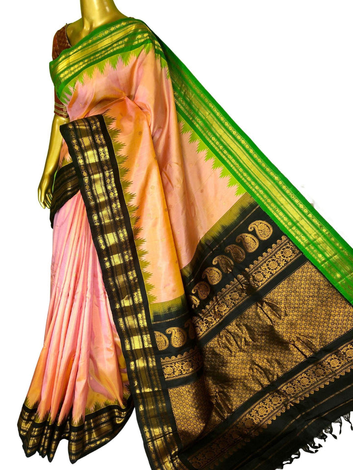 Dual Tone Coral Pink Color Gadwal Silk Saree with Ganga Jamuna Border