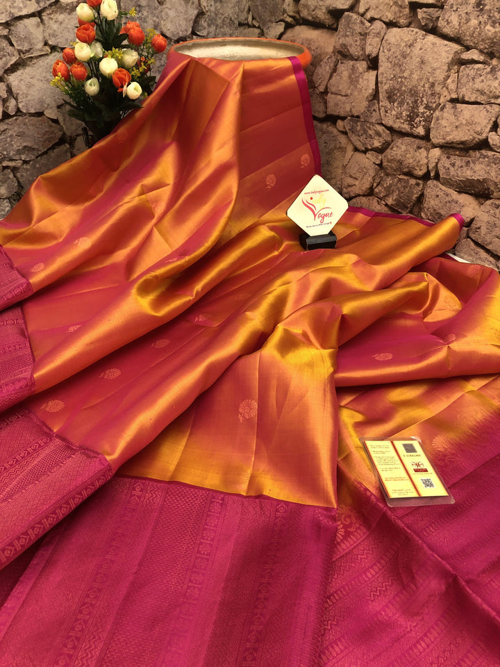 Dual Tone Golden orange Color Pure Kanchipuram Soft Silk Saree