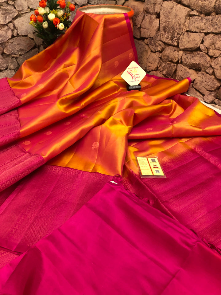 Dual Tone Golden orange Color Pure Kanchipuram Soft Silk Saree