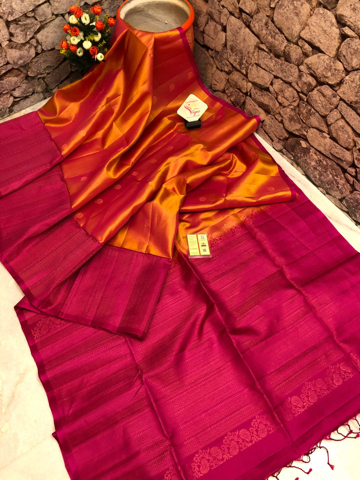 Dual Tone Golden orange Color Pure Kanchipuram Soft Silk Saree