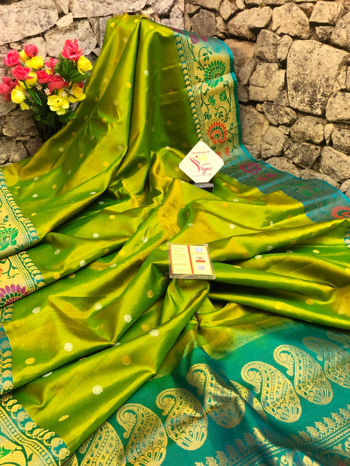 Dual Tone Green and Golden Pure Gadwal with Meenakari Work
