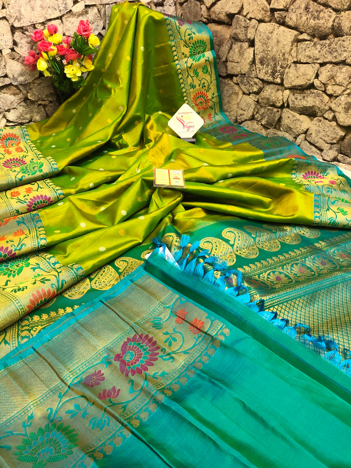 Dual Tone Green and Golden Pure Gadwal with Meenakari Work