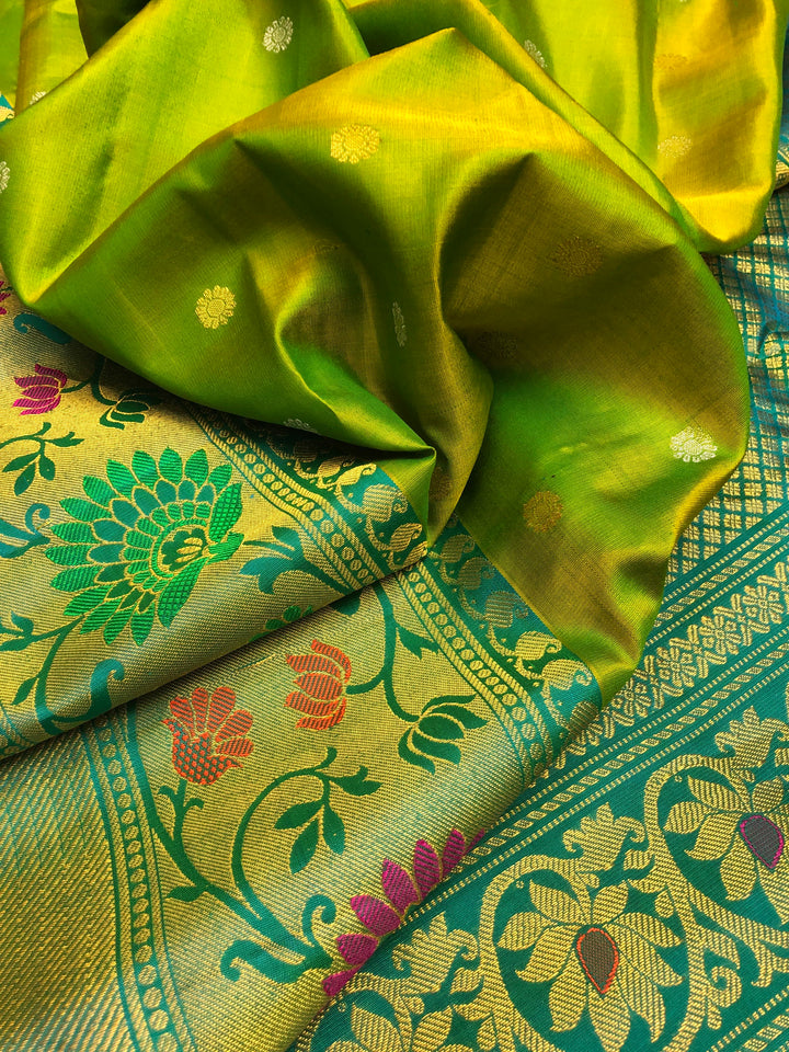 Dual Tone Green and Golden Pure Gadwal with Meenakari Work