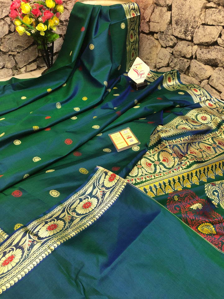 Dual Tone Green Color Revival Golani Baluchari Silk Saree with Three Borders
