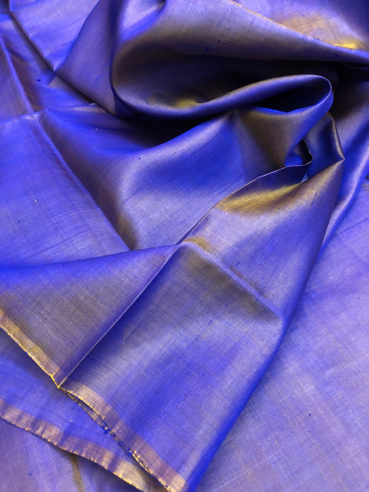 Dual Tone Indigo Blue and Yellow Color Bishnupur Silk Saree with Kalamkari Blouse Piece