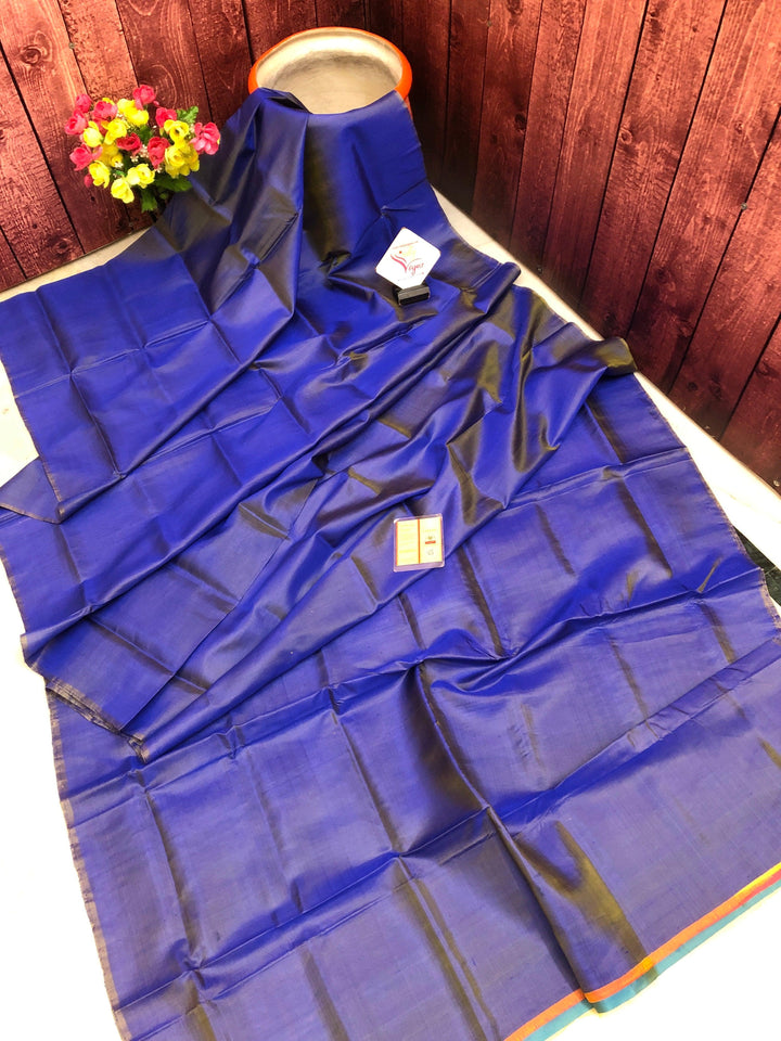 Dual Tone Indigo Blue and Yellow Color Bishnupur Silk Saree with Kalamkari Blouse Piece