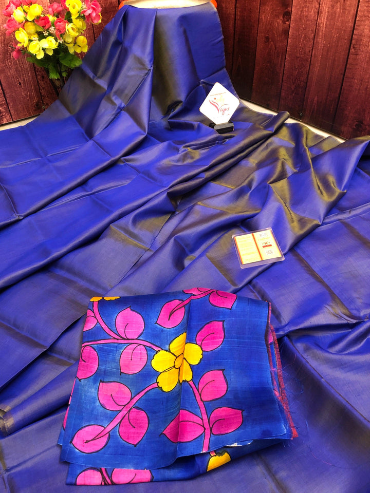 Dual Tone Indigo Blue and Yellow Color Bishnupur Silk Saree with Kalamkari Blouse Piece