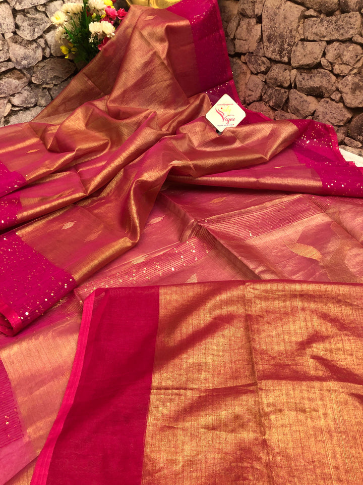 Dual Tone Magenta and Golden Color Tissue Resham Handloom Saree with Sequin Work