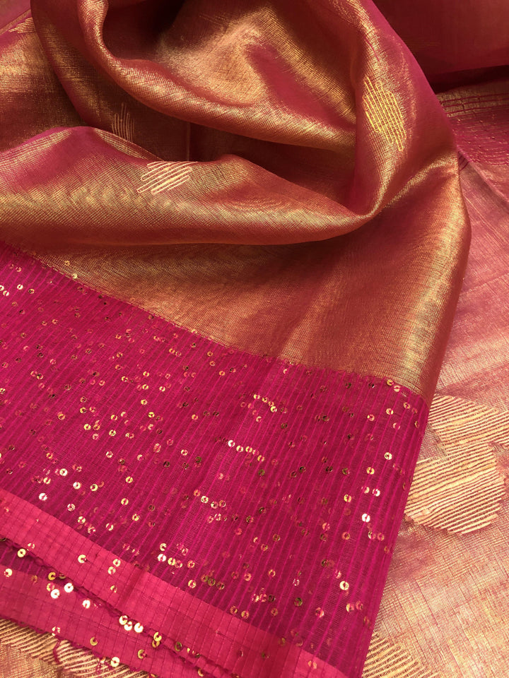 Dual Tone Magenta and Golden Color Tissue Resham Handloom Saree with Sequin Work