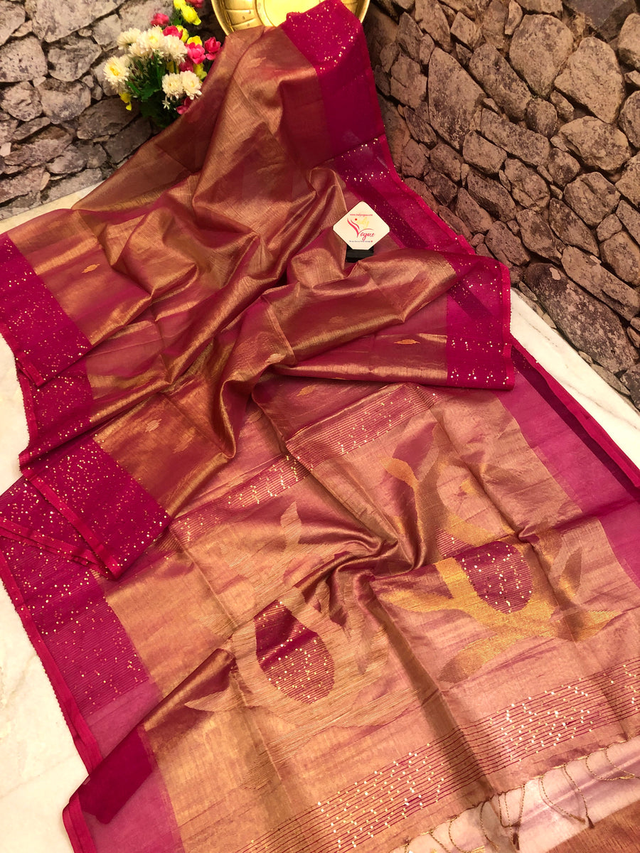 Dual Tone Magenta and Golden Color Tissue Resham Handloom Saree with Sequin Work