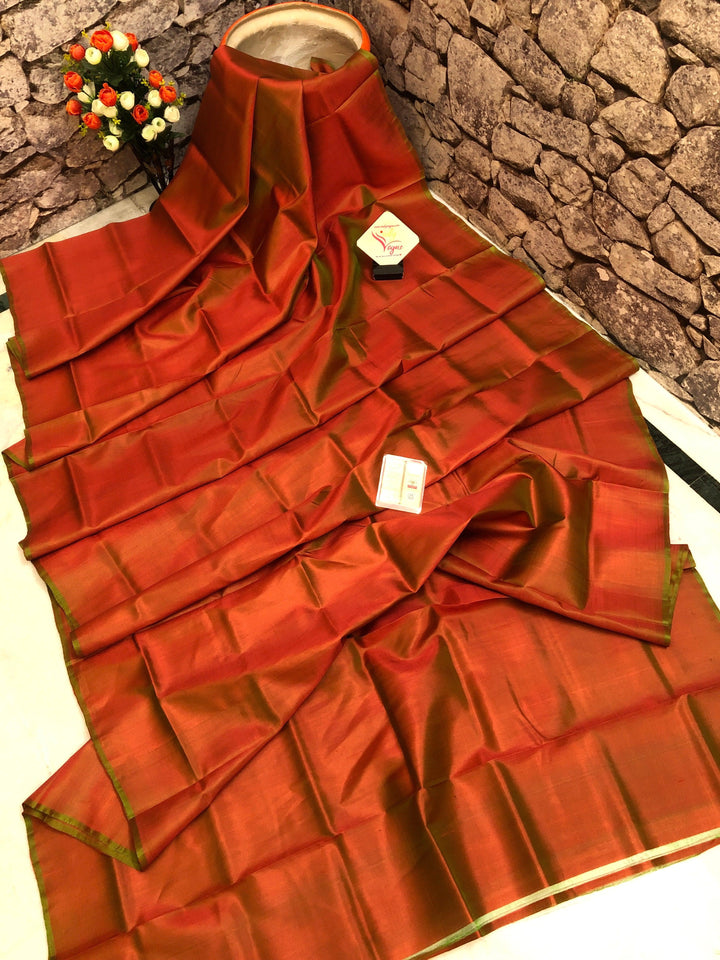 Dual-Tone Peach and Green Color Bishnupur Silk Saree with Kalamkari Blouse