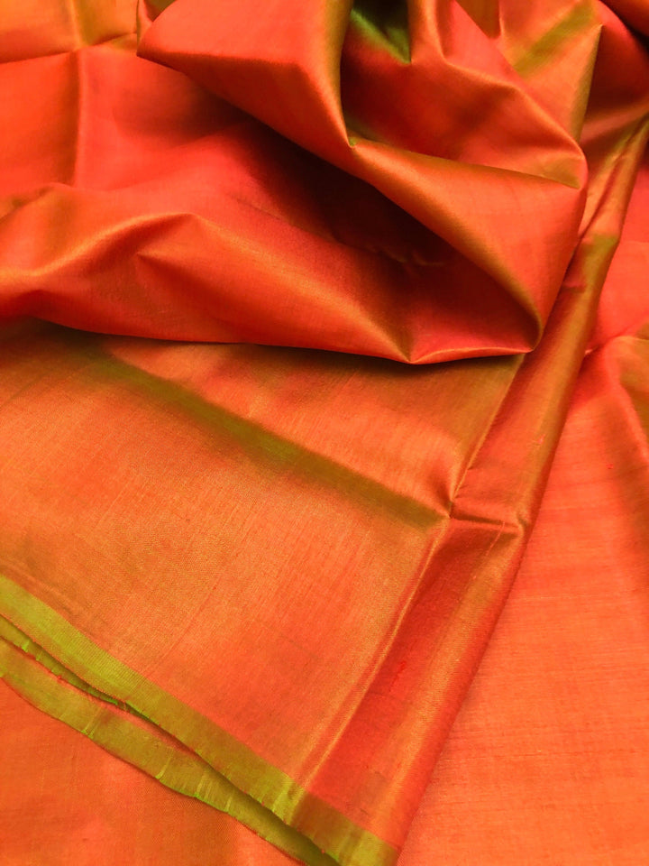 Dual-Tone Peach and Green Color Bishnupur Silk Saree with Kalamkari Blouse