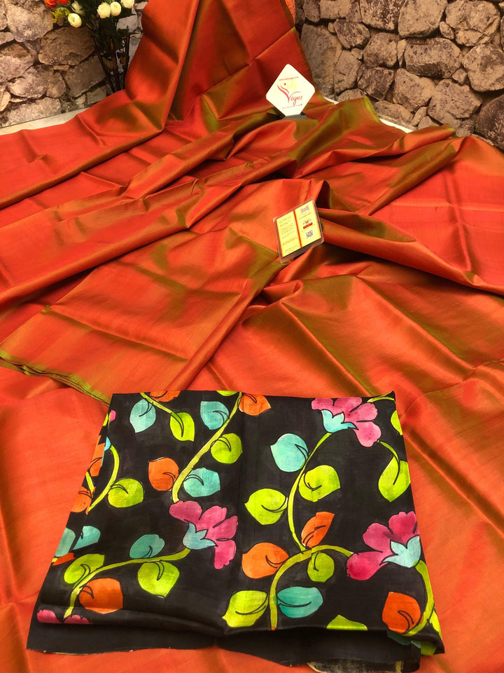 Dual-Tone Peach and Green Color Bishnupur Silk Saree with Kalamkari Blouse