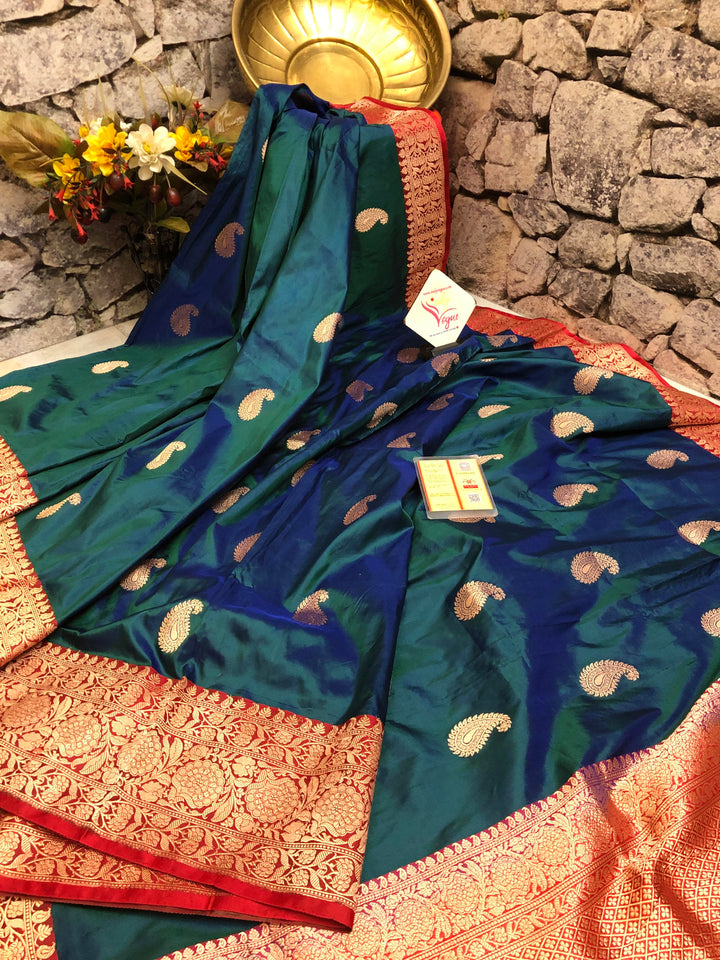 Dual Tone Peacock Blue and Green Color Katan Banarasi Saree