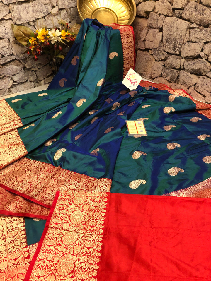 Dual Tone Peacock Blue and Green Color Katan Banarasi Saree