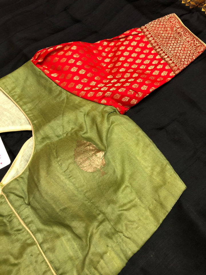 Elaichi Green Color Designer Tussar Banarasi Blouse with Chanderi Work