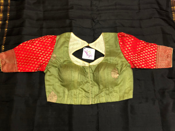 Elaichi Green Color Designer Tussar Banarasi Blouse with Chanderi Work