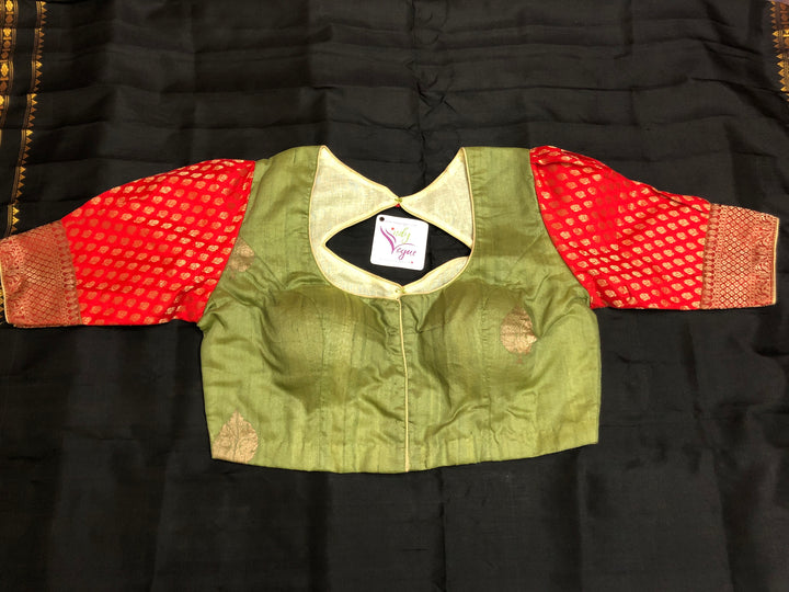 Elaichi Green Color Designer Tussar Banarasi Blouse with Chanderi Work