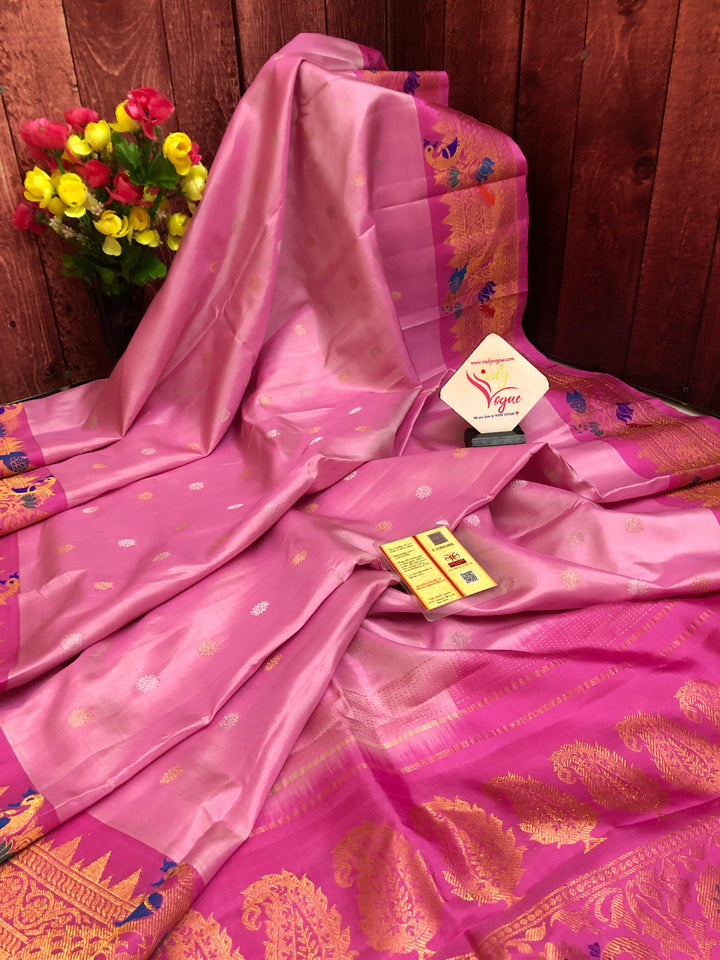 Flamingo Pink Color Pure Gadwal Silk Saree with Meenakari Kanchi Border