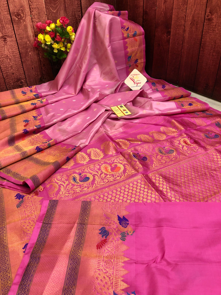 Flamingo Pink Color Pure Gadwal Silk Saree with Meenakari Kanchi Border