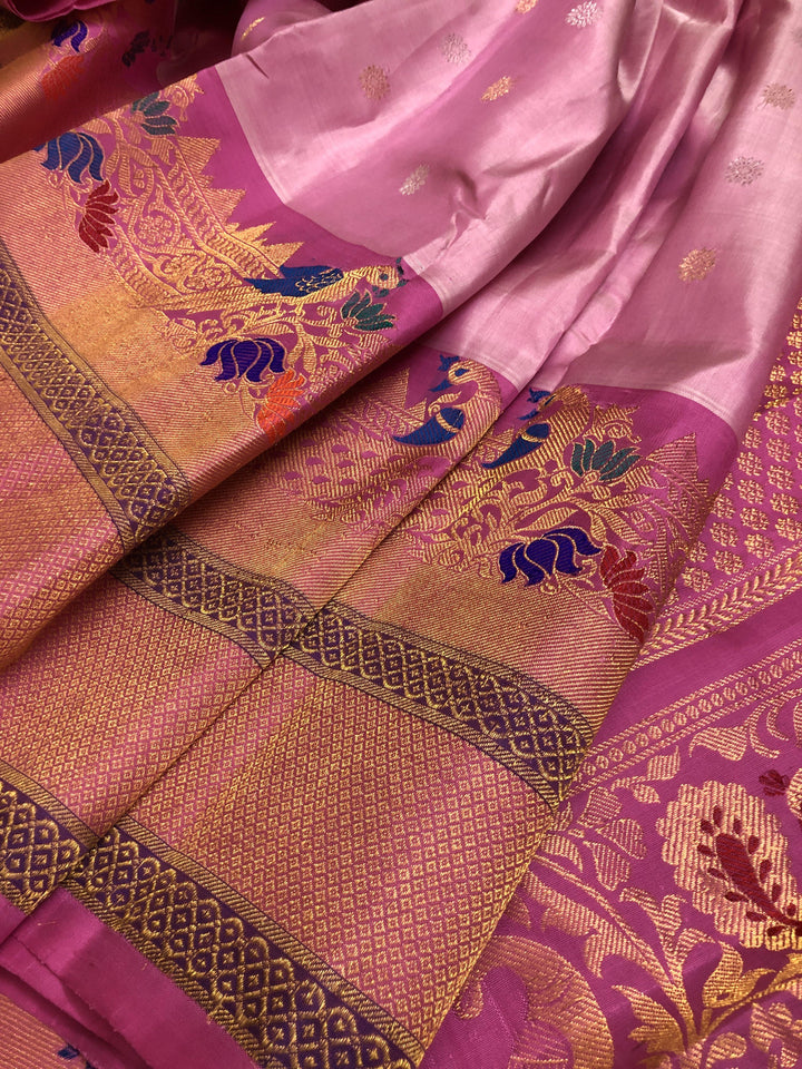 Flamingo Pink Color Pure Gadwal Silk Saree with Meenakari Kanchi Border