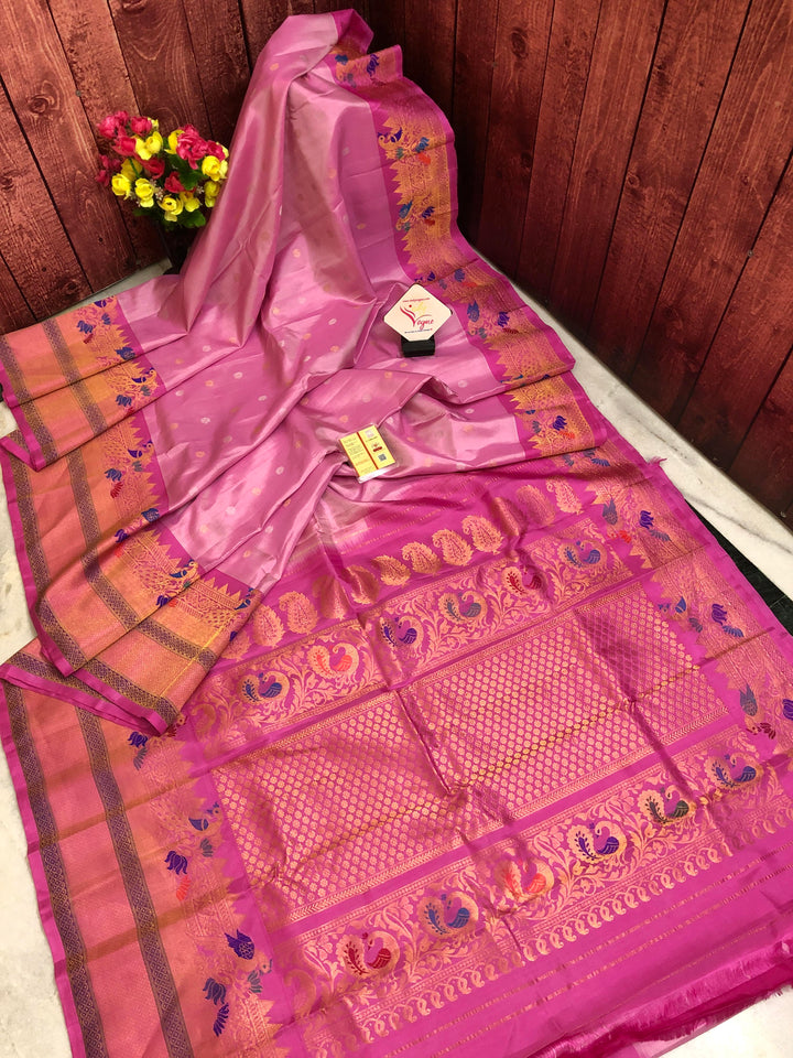 Flamingo Pink Color Pure Gadwal Silk Saree with Meenakari Kanchi Border