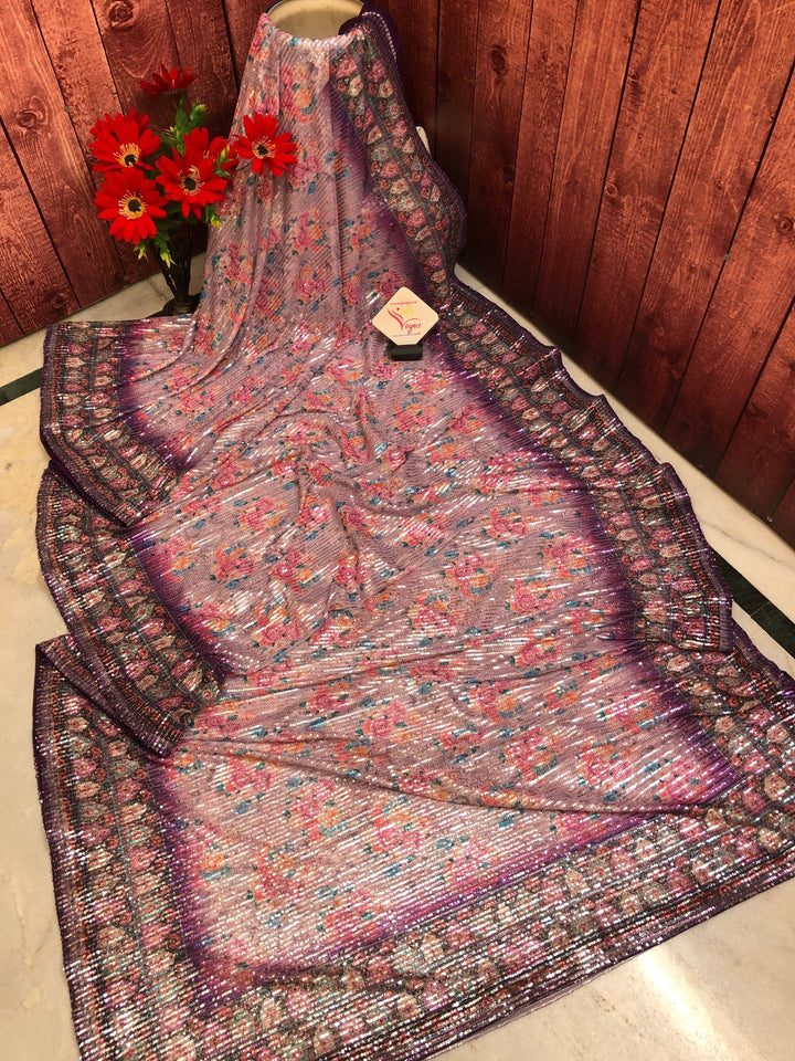 French Onion Pink and Violet Color Designer Net Saree with Digital Print & Sequin Work
