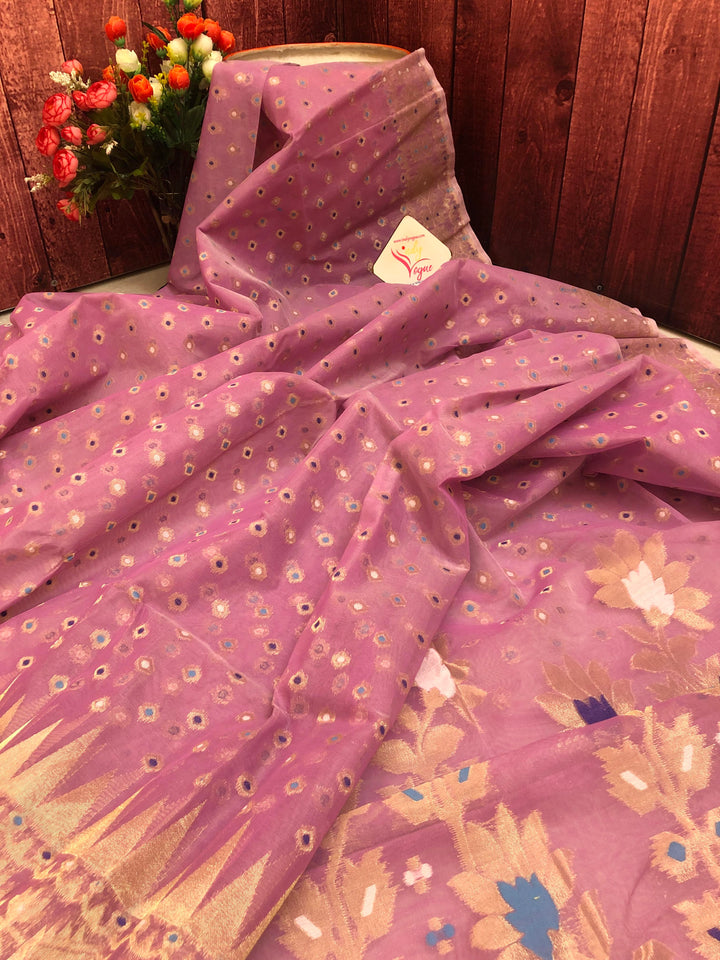 French Rose Color Jamdani Saree with meenakari Buti Work