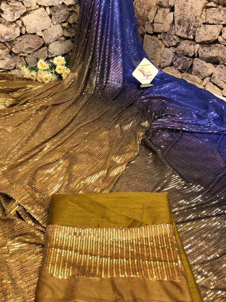Golden and Indigo Blue Color Designer Net Saree with Sequin Weaving Work