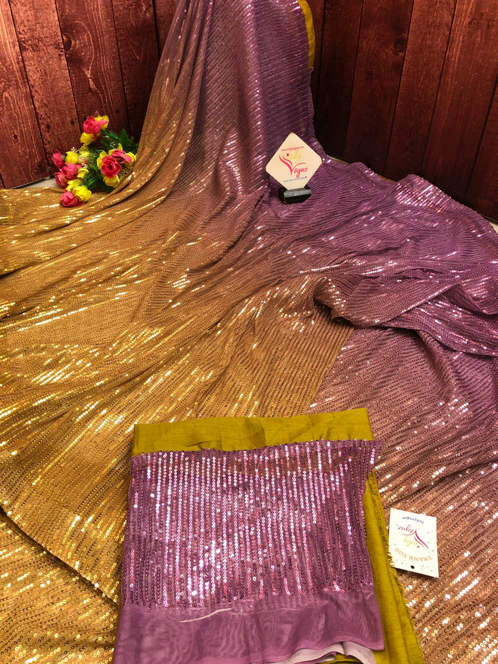 Golden and Violet Color Designer Net Saree with Sequin Weaving Allover