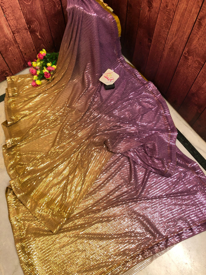 Golden and Violet Color Designer Net Saree with Sequin Weaving Allover