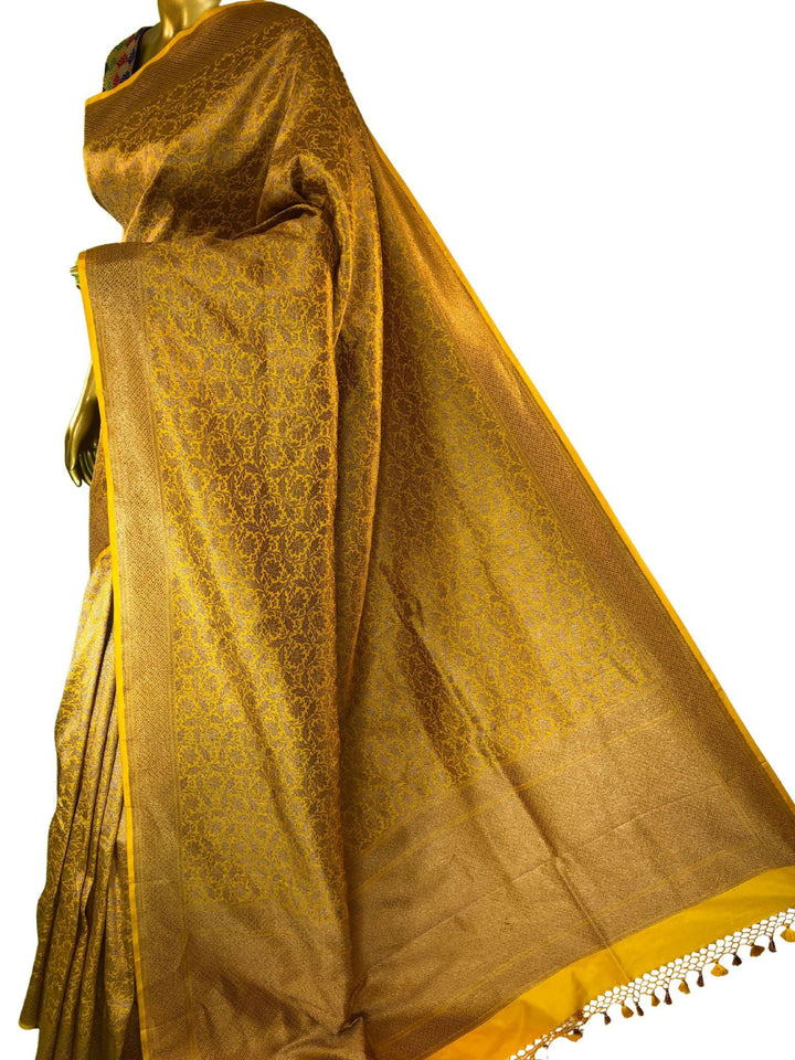 Golden Brass Color Katan Banarasi Saree with Brocade Work
