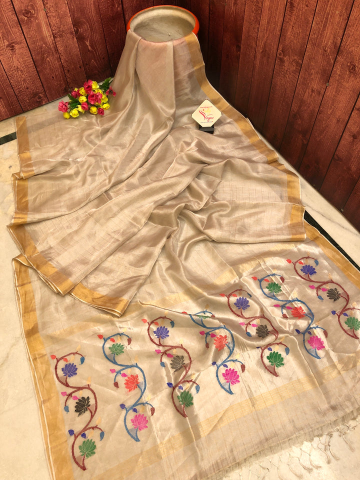Golden Color Designer Tissue Silk Saree with Meenakari Pallu