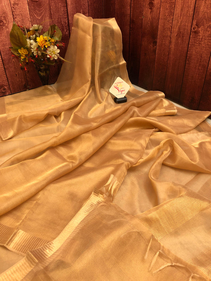 Golden Color Tissue Silk Saree with Check Zari Work