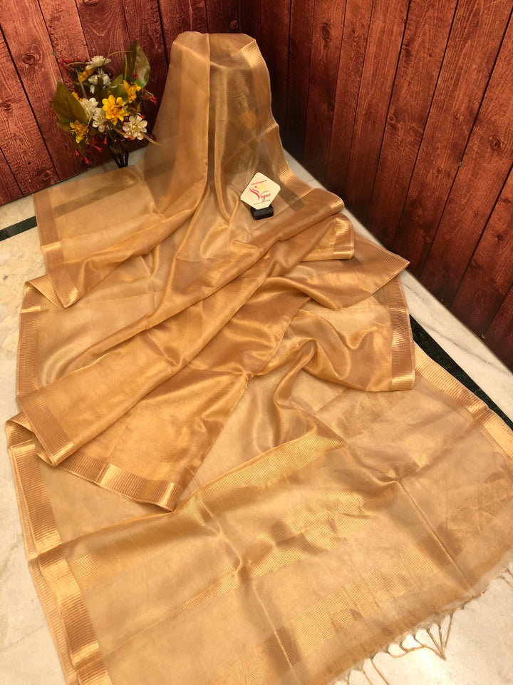 Golden Color Tissue Silk Saree with Check Zari Work