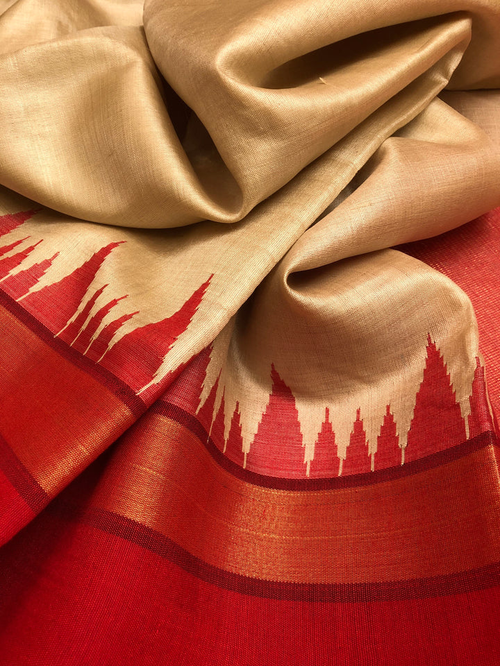 Golden Cream and Red Color Tussar Silk Saree