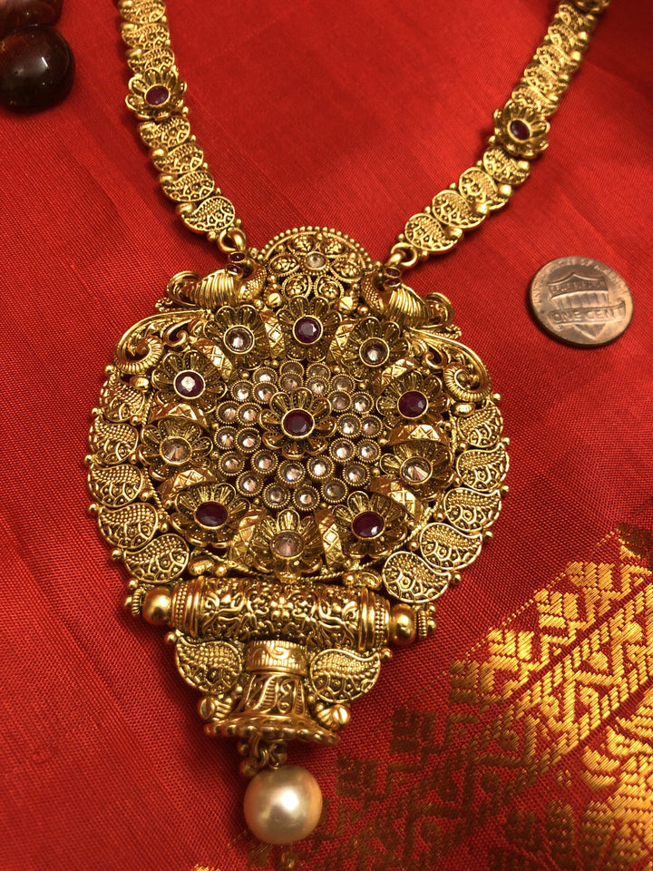 Golden Metal Large Pendant Long Necklace Set
