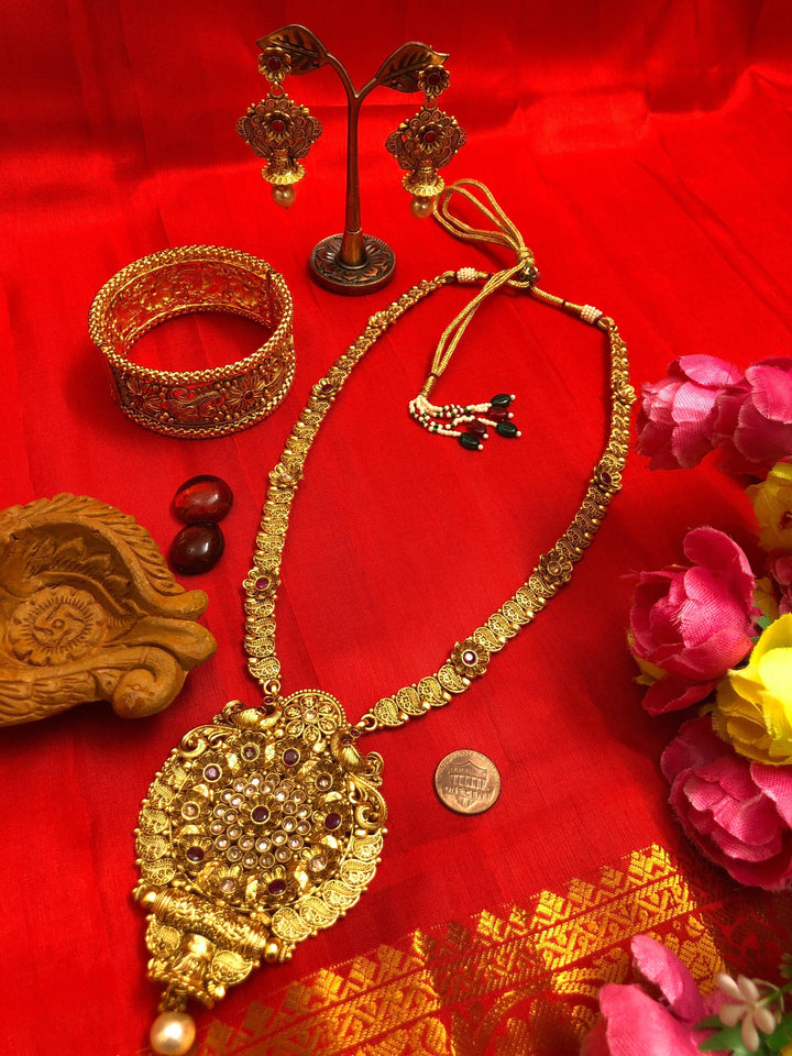 Golden Metal Large Pendant Long Necklace Set