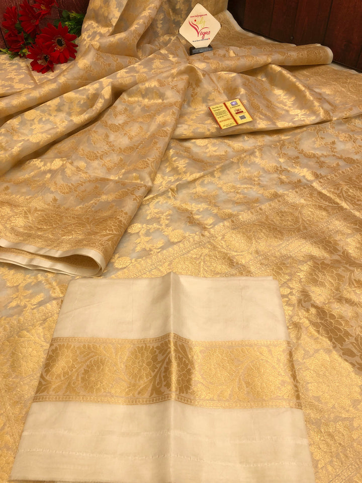 Golden Offwhite Color Organza Banarasi Saree