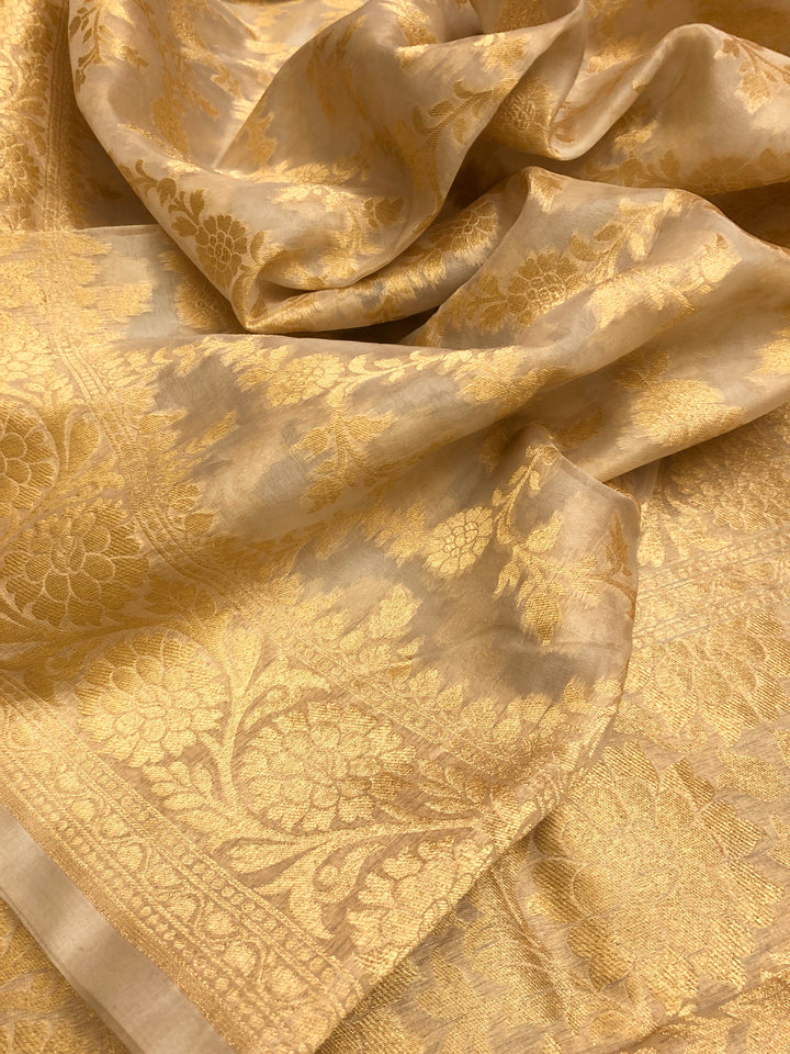 Golden Offwhite Color Organza Banarasi Saree