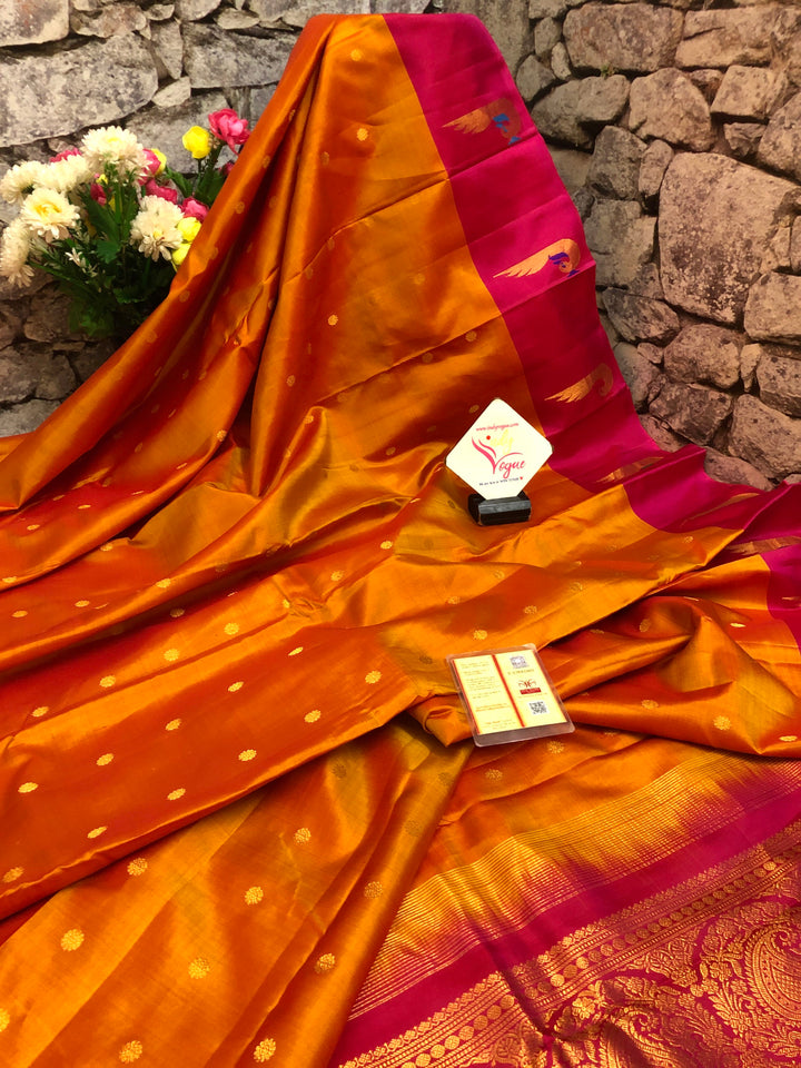 Golden Orange and Magenta Color Pure Gadwal Silk Saree